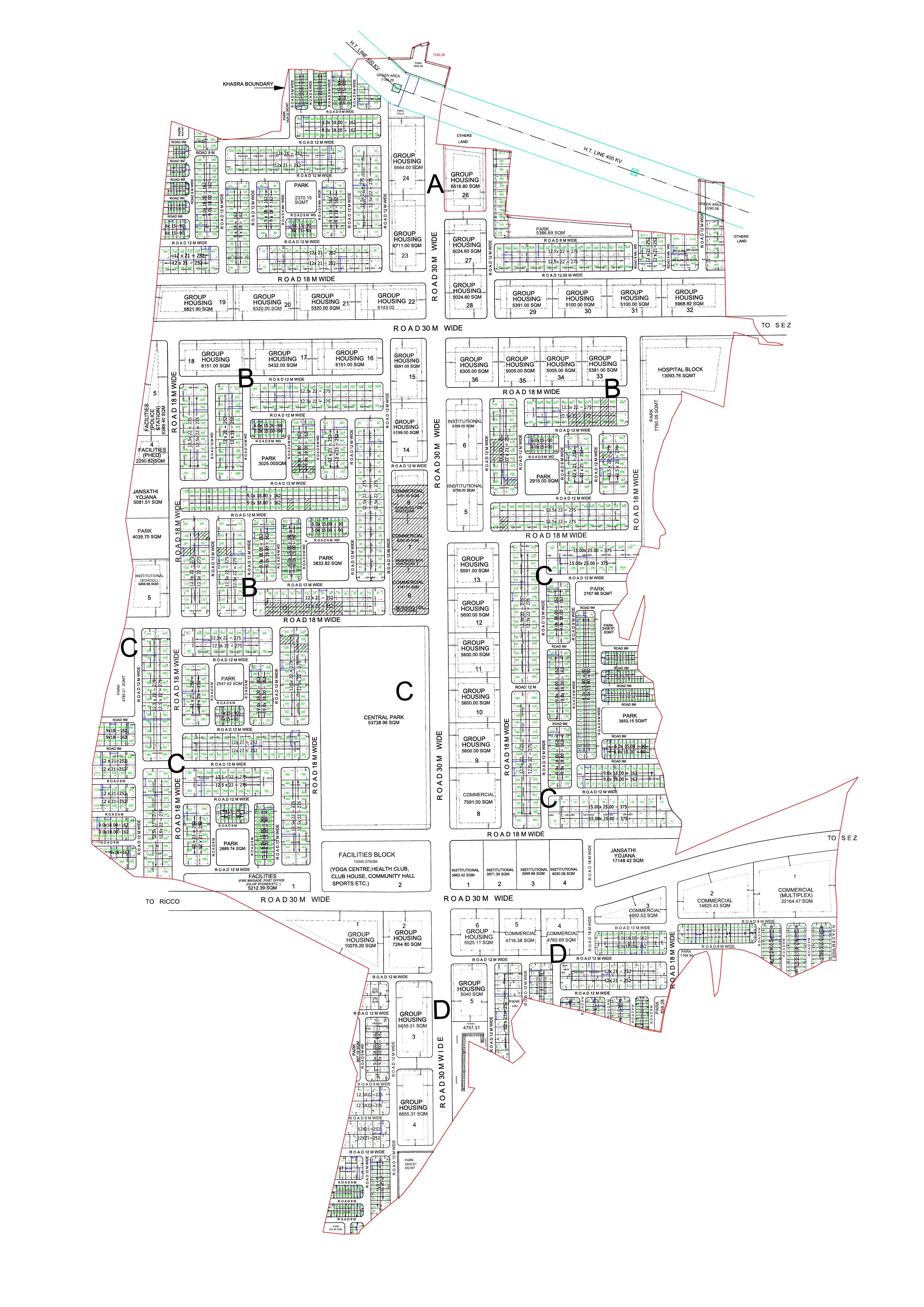 JDA layout plan of Anupam Vihar showing sectors A to D, roads, parks, group housing, commercial and institutional blocks